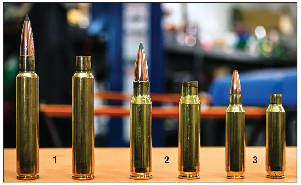The comparison included the following cartridges: 5.56 NATO/223 Remington (not pictured) and (1) 280 Ackley Improved, (2) 308 Winchester and (3) 22 Nosler.